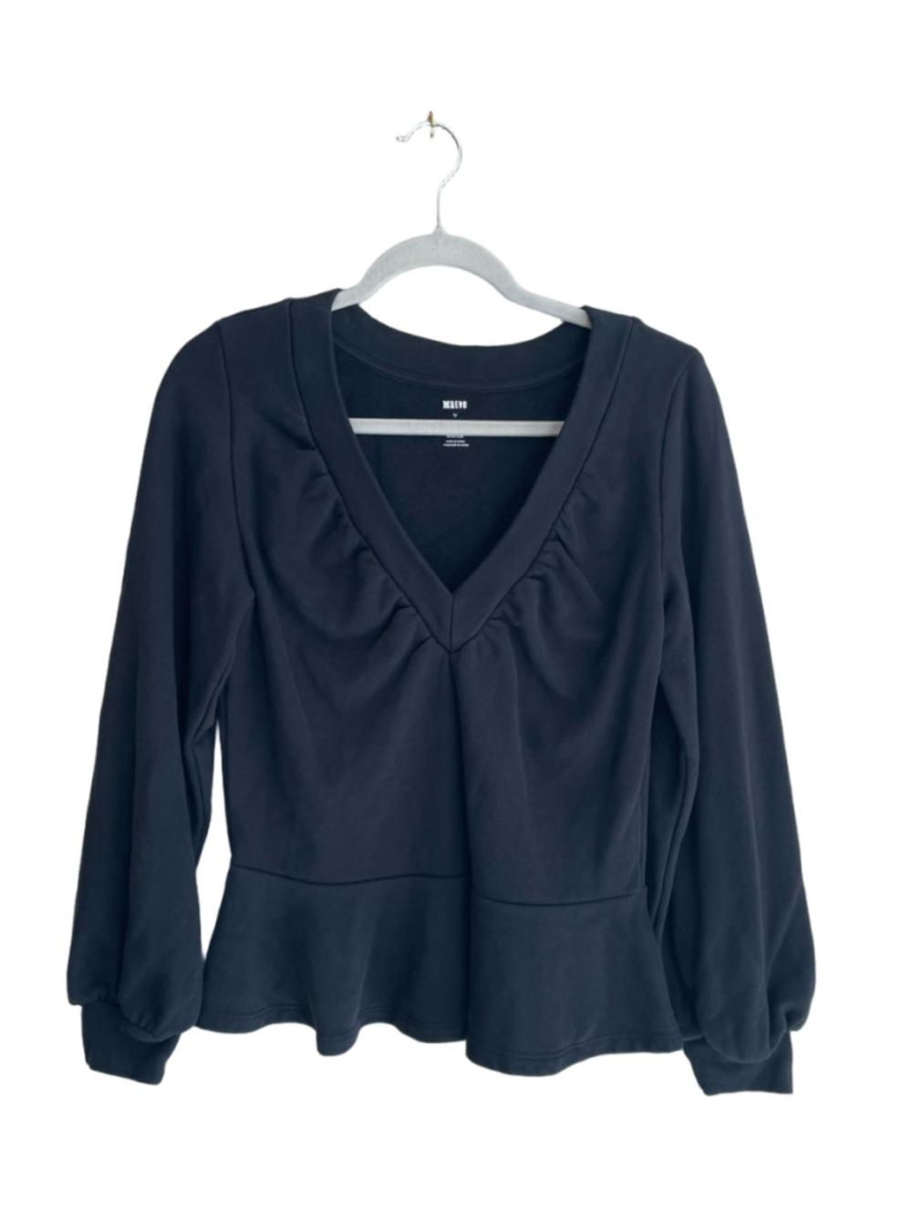 Maeve Anthropologie Black Peplum Sweatshirt Womens M V Neck Balloon Sleeve